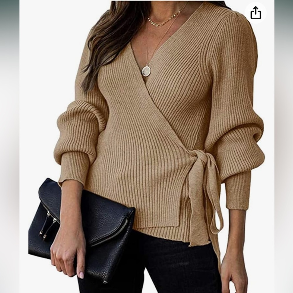 KIRUNDO V-Neck camel Ribbed knit Wrap Sweater Balloon Sleeves